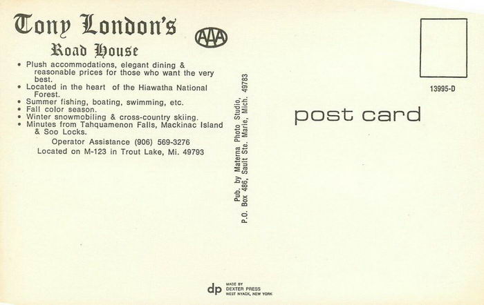 Tony Londons Roadhouse - OLD POSTCARD